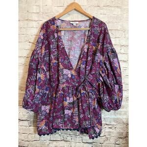 Kika Vargas Top Womens 4X Purple Floral Scalloped Edges Wrap Puff Sleeve Plus
